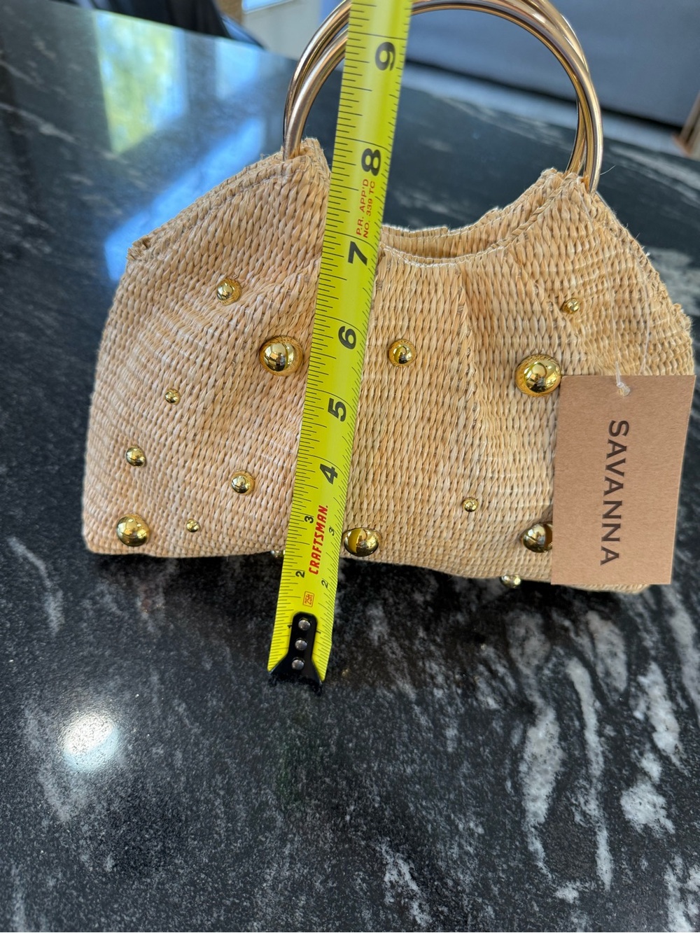 Savannah Natural Straw Mini Handbag with Gold Studs & Chain - Picture 12 of 14